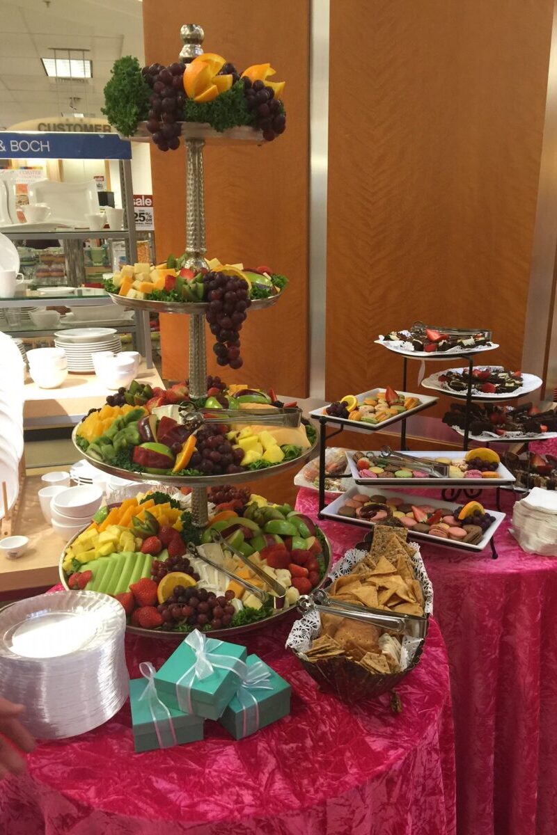 catering services of three tier fruit and cheese display