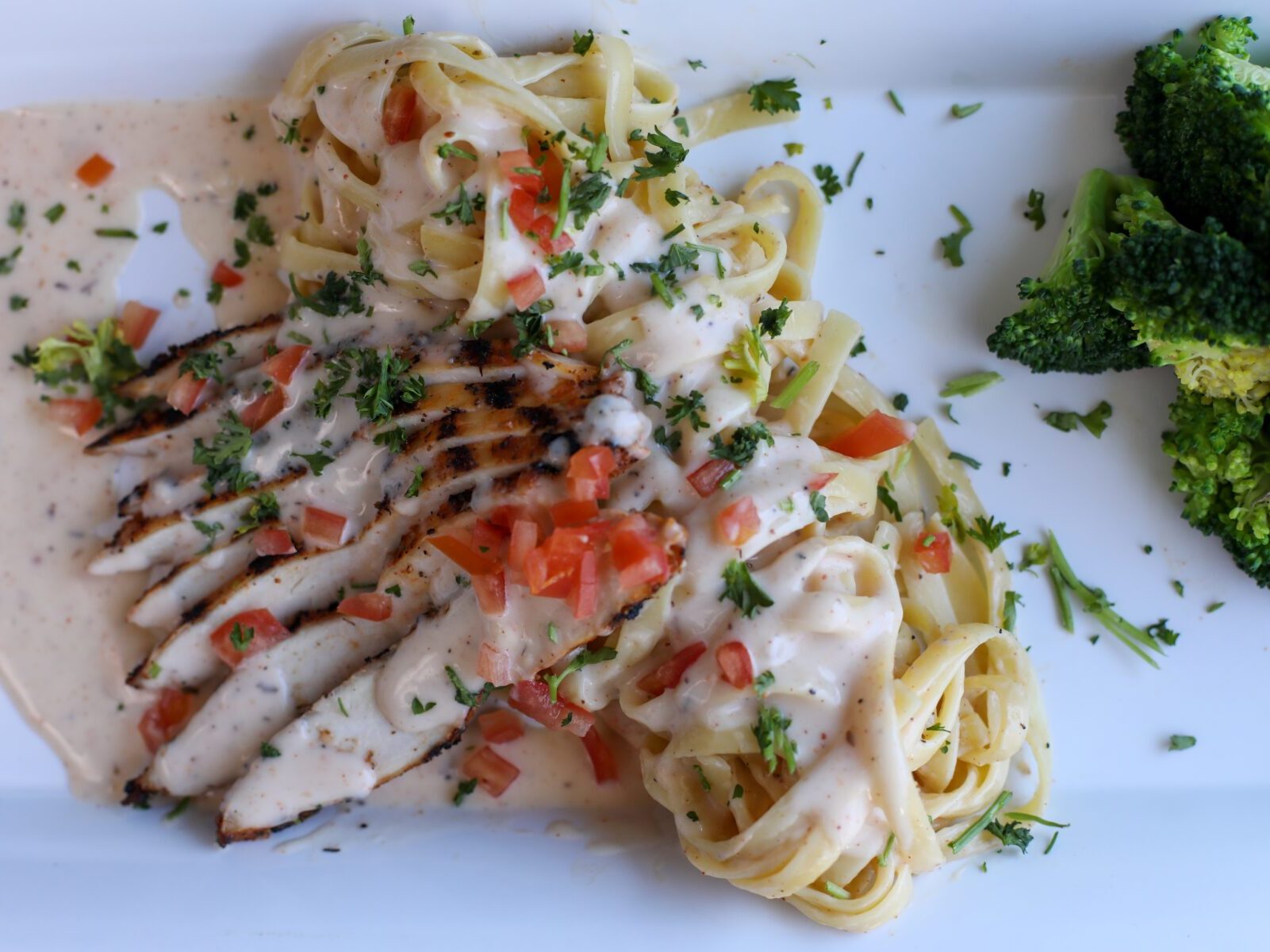 Sit-down plated dinner catering of blackened chicken alfredo with side of broccoli